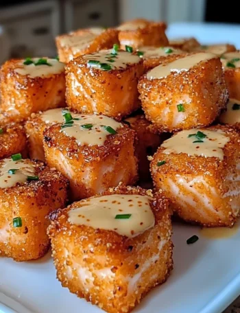 Crispy Bang Bang Salmon Bites topped with spicy creamy sauce served on a white plate with fresh herbs.