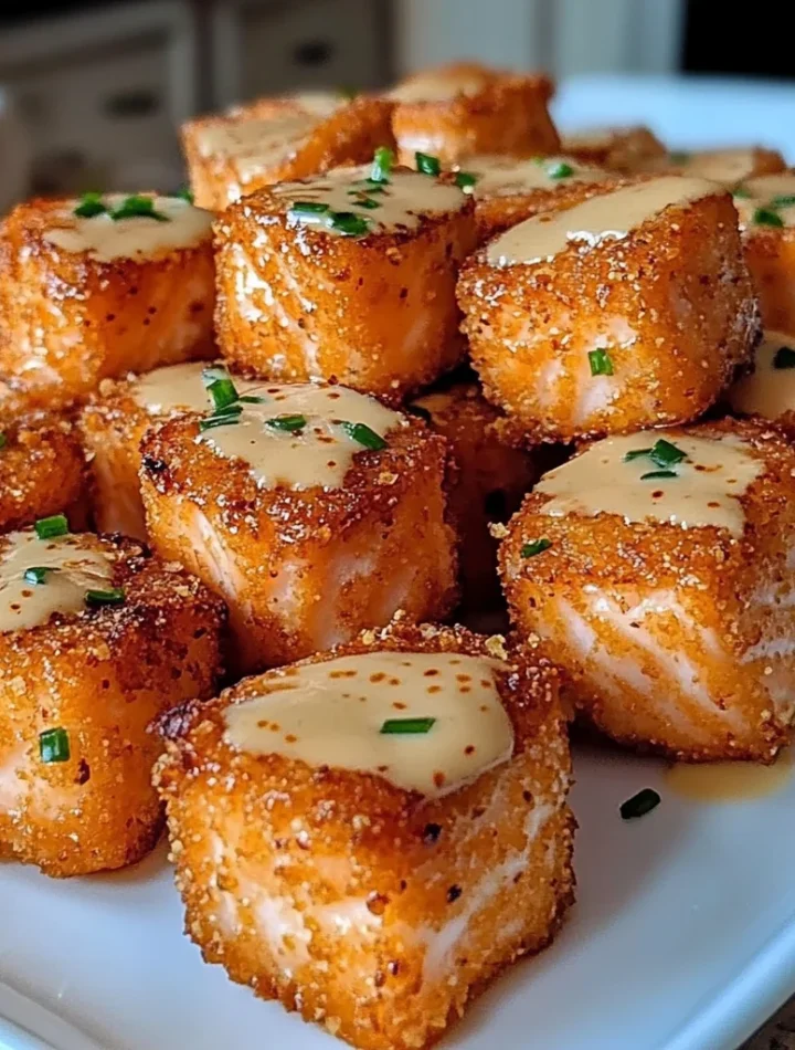 Crispy Bang Bang Salmon Bites topped with spicy creamy sauce served on a white plate with fresh herbs.