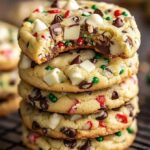 Easy Winter Wonderland Chocolate Chip Cookies with white chocolate drizzle and festive sprinkles.