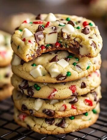 Easy Winter Wonderland Chocolate Chip Cookies with white chocolate drizzle and festive sprinkles.