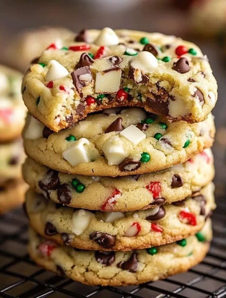 Easy Winter Wonderland Chocolate Chip Cookies with white chocolate drizzle and festive sprinkles.