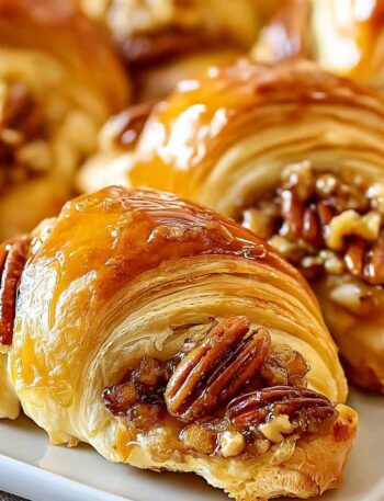 Golden brown pecan pie crescent rolls on a baking tray with caramel drizzle