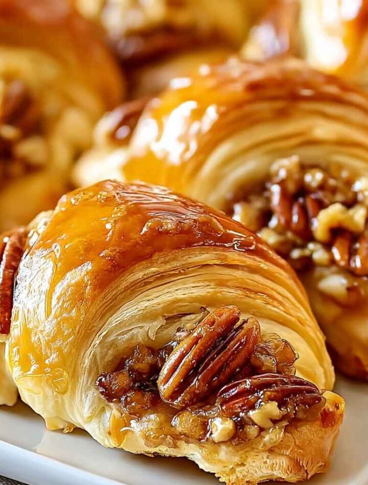 Golden brown pecan pie crescent rolls on a baking tray with caramel drizzle
