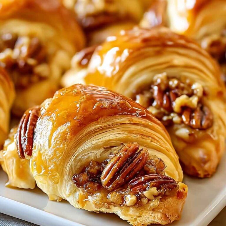 Golden brown pecan pie crescent rolls on a baking tray with caramel drizzle