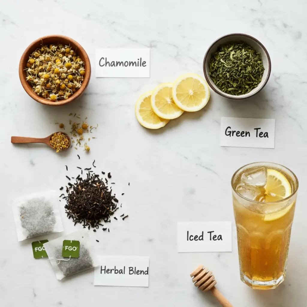 Top-down view of various FGO tea ingredients and types on a marble surface, including chamomile flowers, green tea leaves, lemon slices, a glass of iced tea with lemon, tea bags labeled FGO, and a wooden honey dipper.