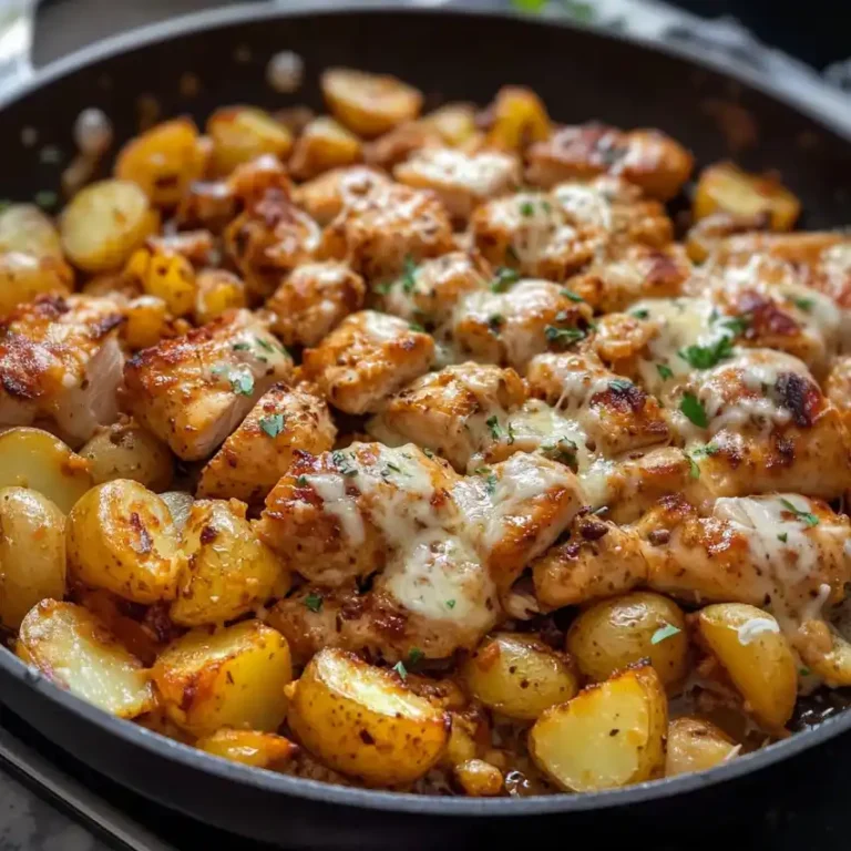 Garlic Parmesan chicken and roasted baby potatoes topped with melted cheese in a skillet.