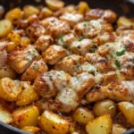 Garlic Parmesan chicken and roasted baby potatoes topped with melted cheese in a skillet.