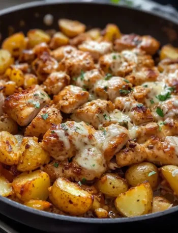 Garlic Parmesan chicken and roasted baby potatoes topped with melted cheese in a skillet.