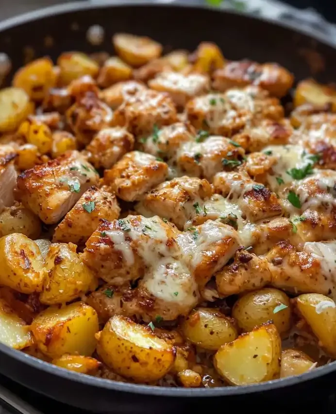 Garlic Parmesan chicken and roasted baby potatoes topped with melted cheese in a skillet.