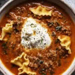 Mouthwatering One Pot Lasagna Soup in a bowl with melted cheese and basil garnish