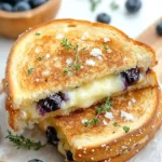 Crispy blueberry grilled cheese sandwich with melted brie and fresh blueberries