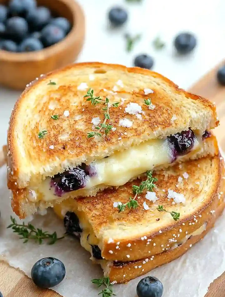 Crispy blueberry grilled cheese sandwich with melted brie and fresh blueberries
