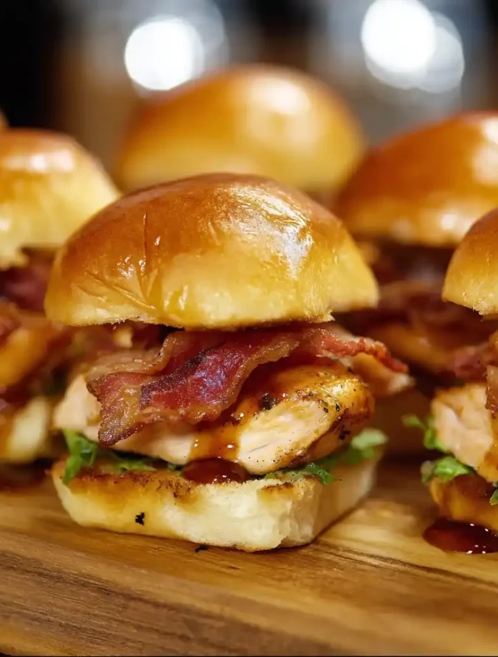 Maple Chicken & Beef Bacon Sliders served on toasted buns with maple syrup glaze and crispy bacon