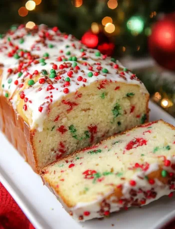 Soft and colorful Christmas Sprinkle Buttermilk Bread loaf topped with festive sprinkles and vanilla glaze.