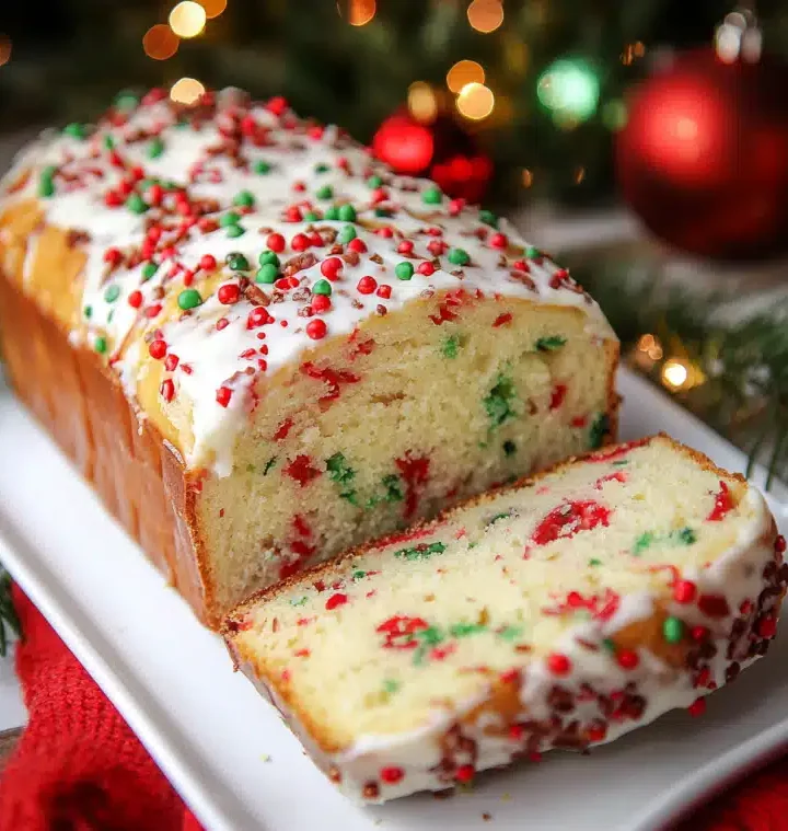 Soft and colorful Christmas Sprinkle Buttermilk Bread loaf topped with festive sprinkles and vanilla glaze.