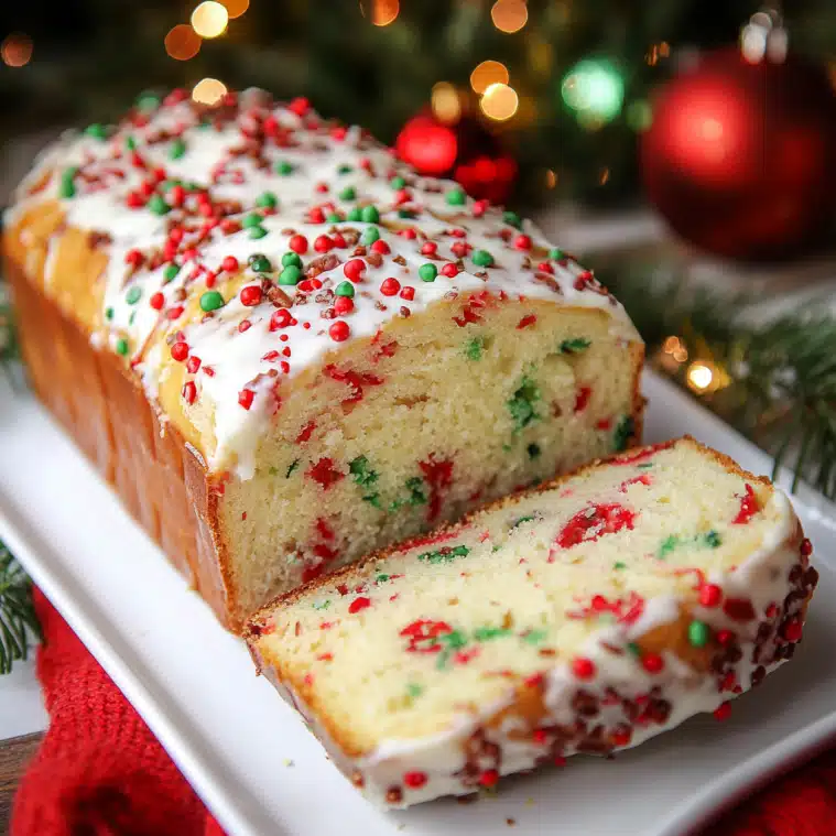 Soft and colorful Christmas Sprinkle Buttermilk Bread loaf topped with festive sprinkles and vanilla glaze.