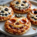 DIY Mini Halloween Pizzas decorated with ghosts, mummies, and pumpkins for kids’ Halloween party