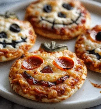 DIY Mini Halloween Pizzas decorated with ghosts, mummies, and pumpkins for kids’ Halloween party